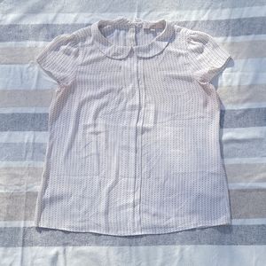 High collar short sleeve blouse white with black and beige dot pattern